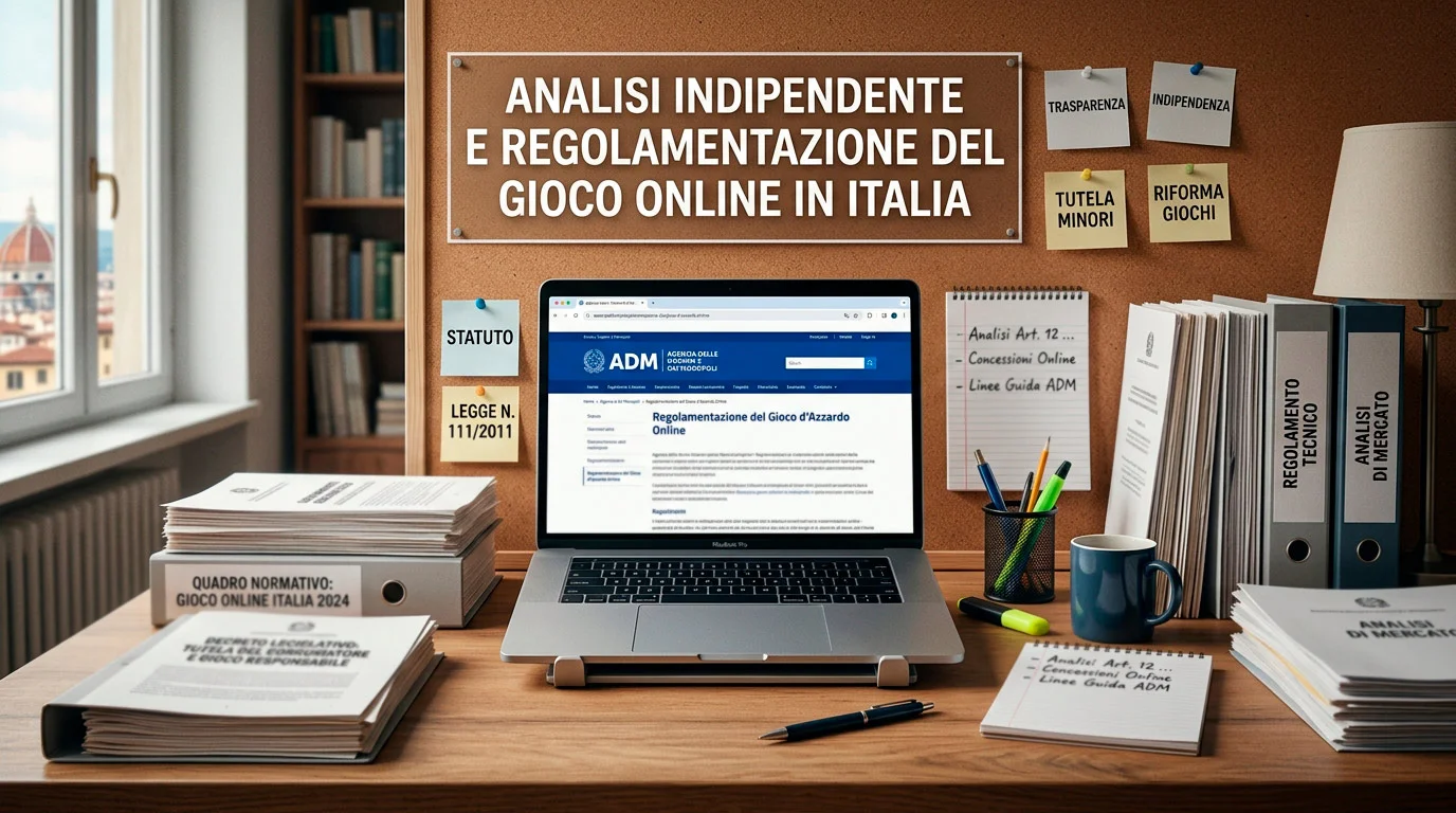 Postazione redazionale con documenti normativi sul gioco a distanza in Italia
