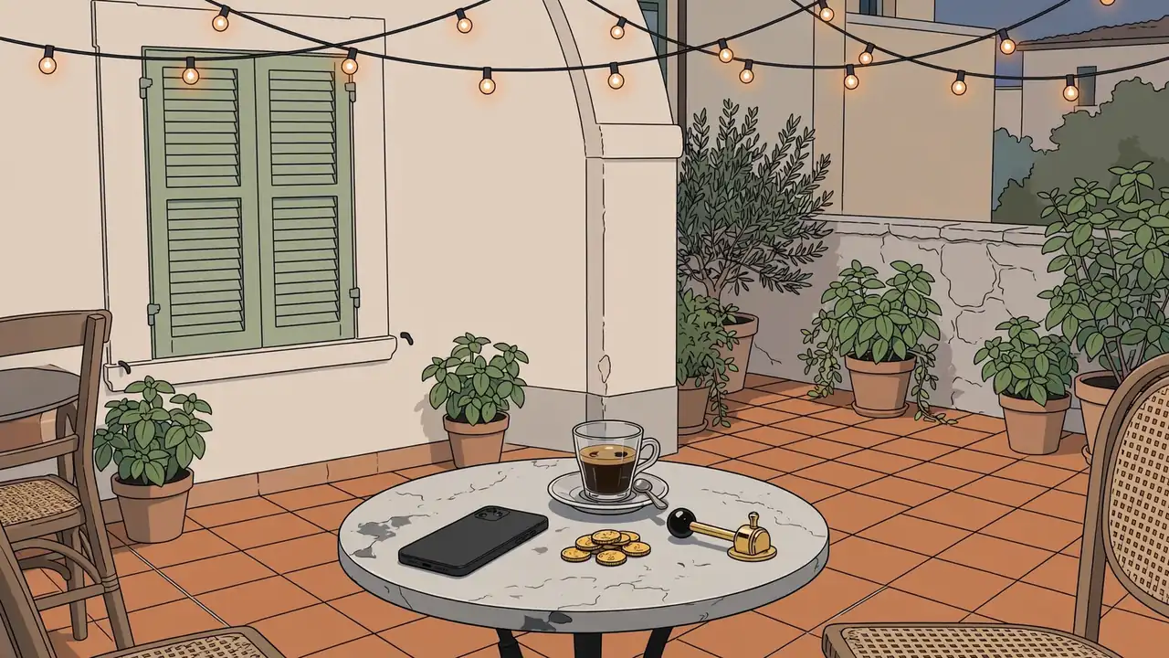 Tavolino di un bar italiano con smartphone e monete dorate