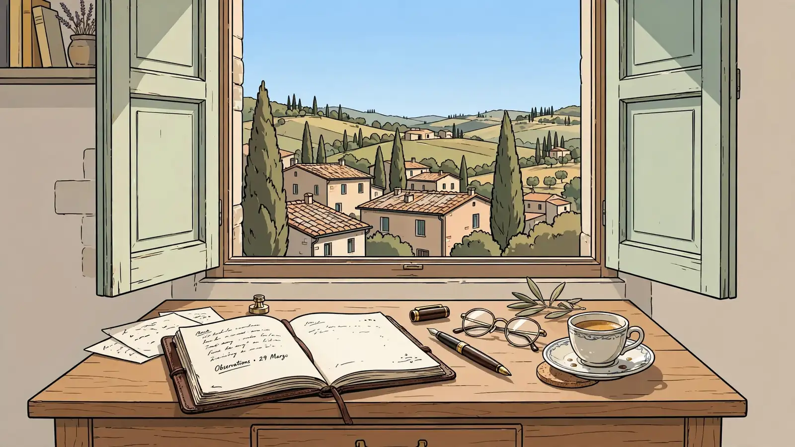 Scrivania italiana con quaderno, penna, occhiali e caffè davanti a finestra con tetti in terracotta.
