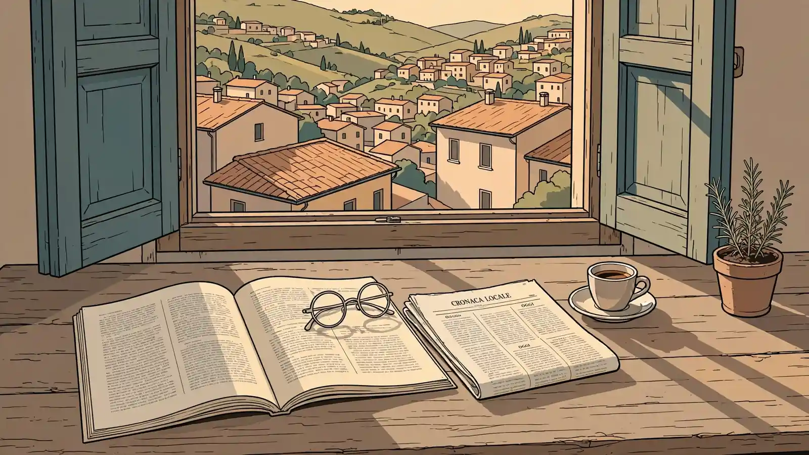 Occhiali da lettura appoggiati su un libretto aperto su una scrivania di legno con vista sui tetti italiani