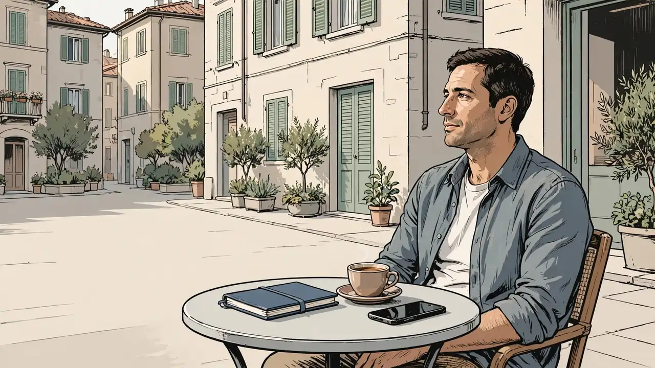 Uomo seduto in silenzio in un caffè italiano, riflette con calma davanti a un notes e un caffè.