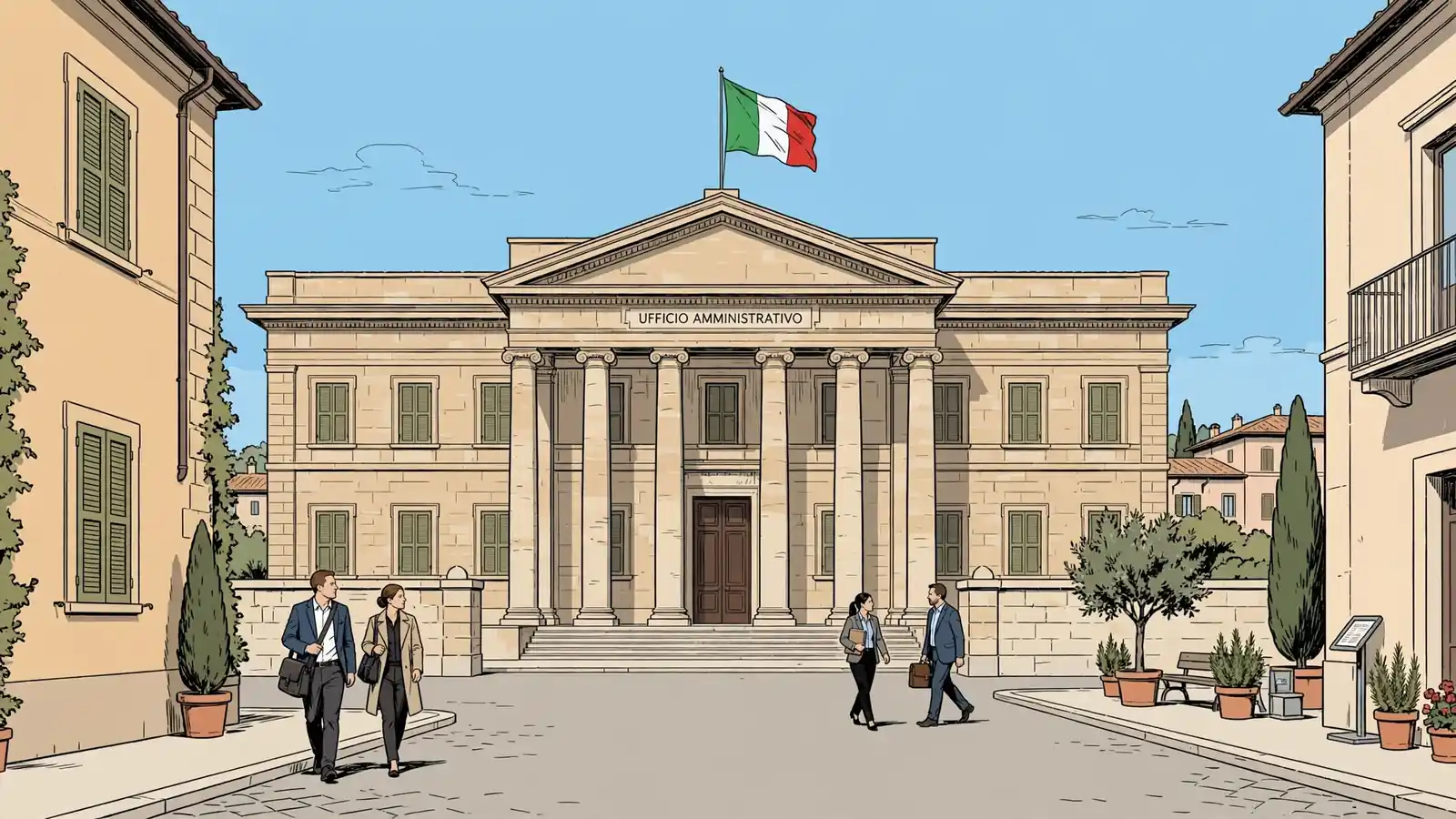 Palazzo istituzionale italiano con colonne e bandiera nazionale