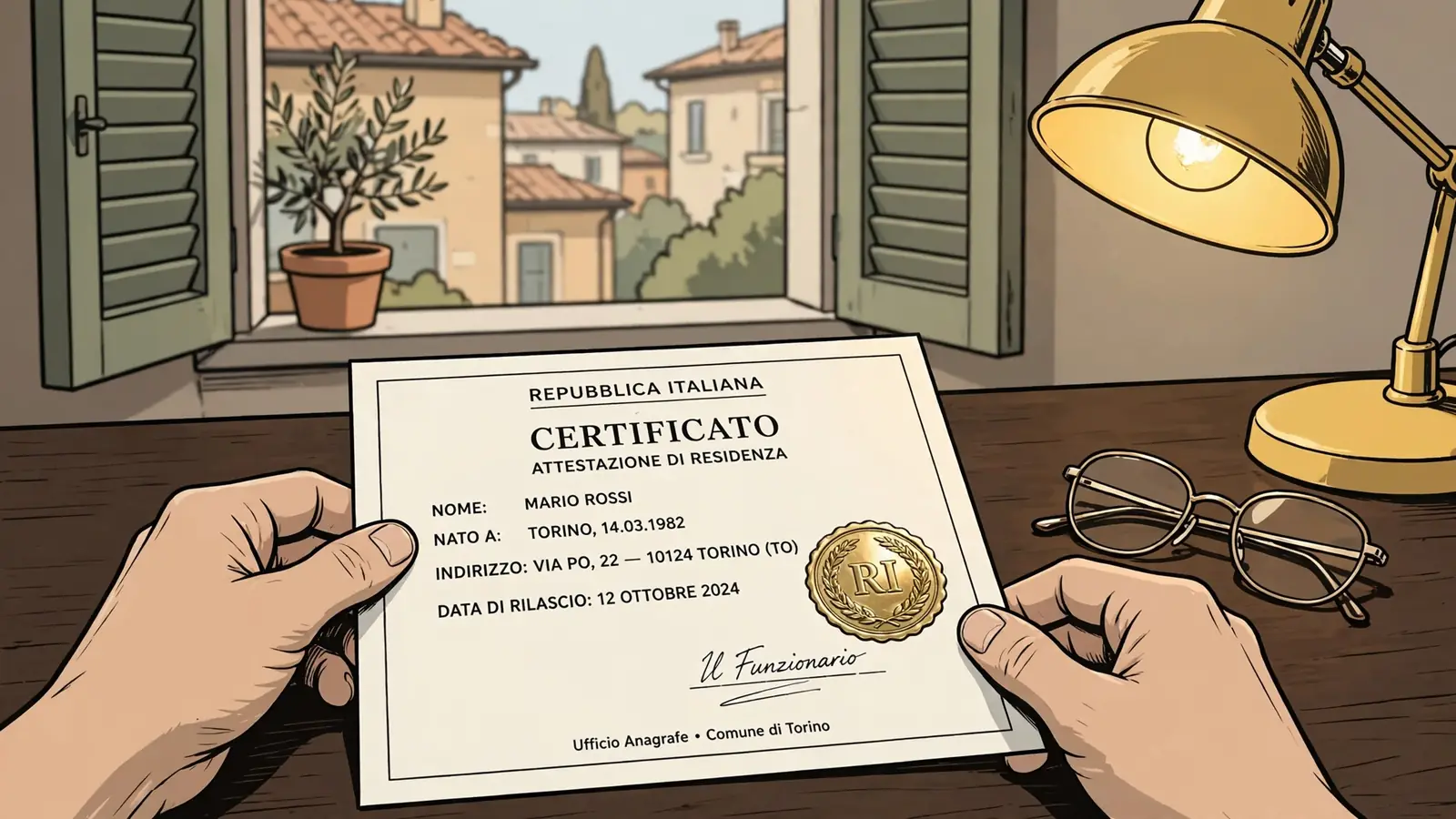 Mani che esaminano un certificato ufficiale con sigillo su scrivania