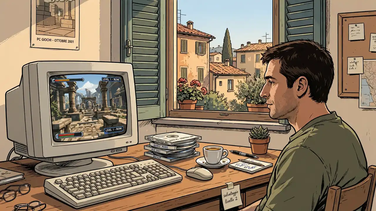 Vecchio computer CRT degli anni 2000 su scrivania in legno