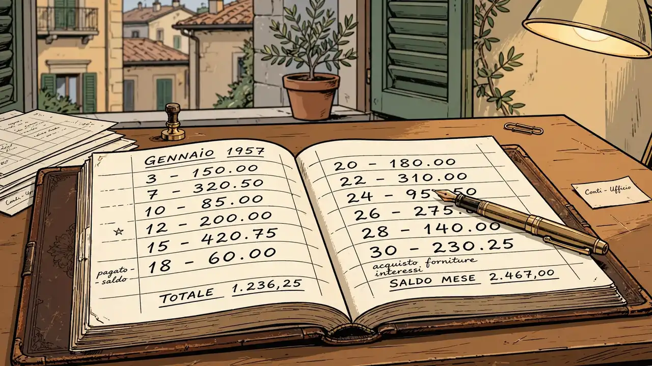 Registro contabile in pelle aperto su scrivania di banca italiana