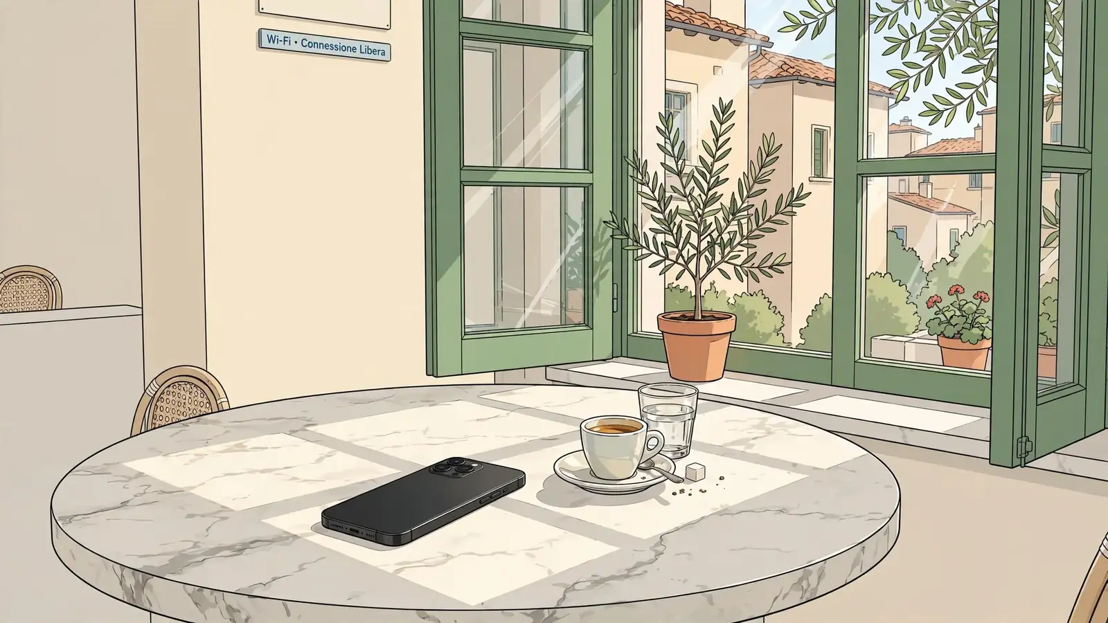 Smartphone posizionato su tavolo di marmo in un caffè italiano