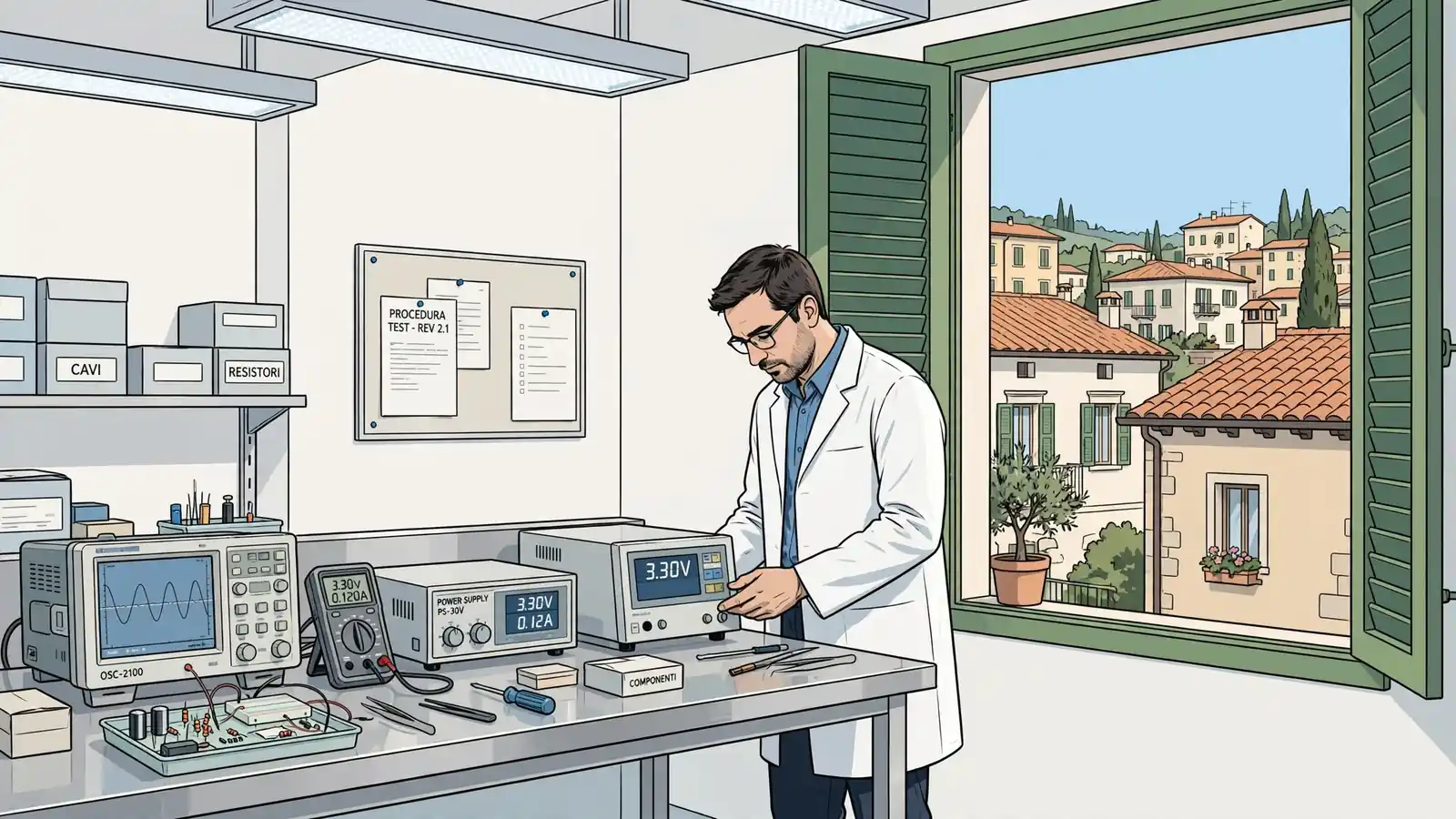 Laboratorio tecnico con strumenti di test e tecnico in camice bianco