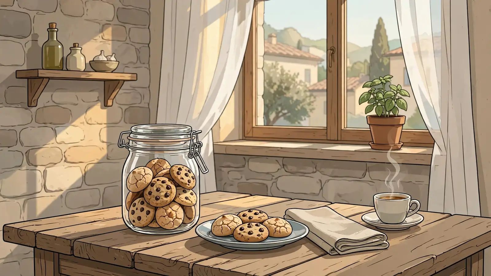 Barattolo di biscotti italiani su tavolo di legno con tazza di espresso.