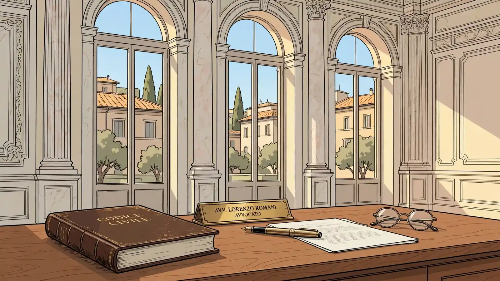 Scrittoio di legno in uno studio legale italiano classico con libro e penna stilografica