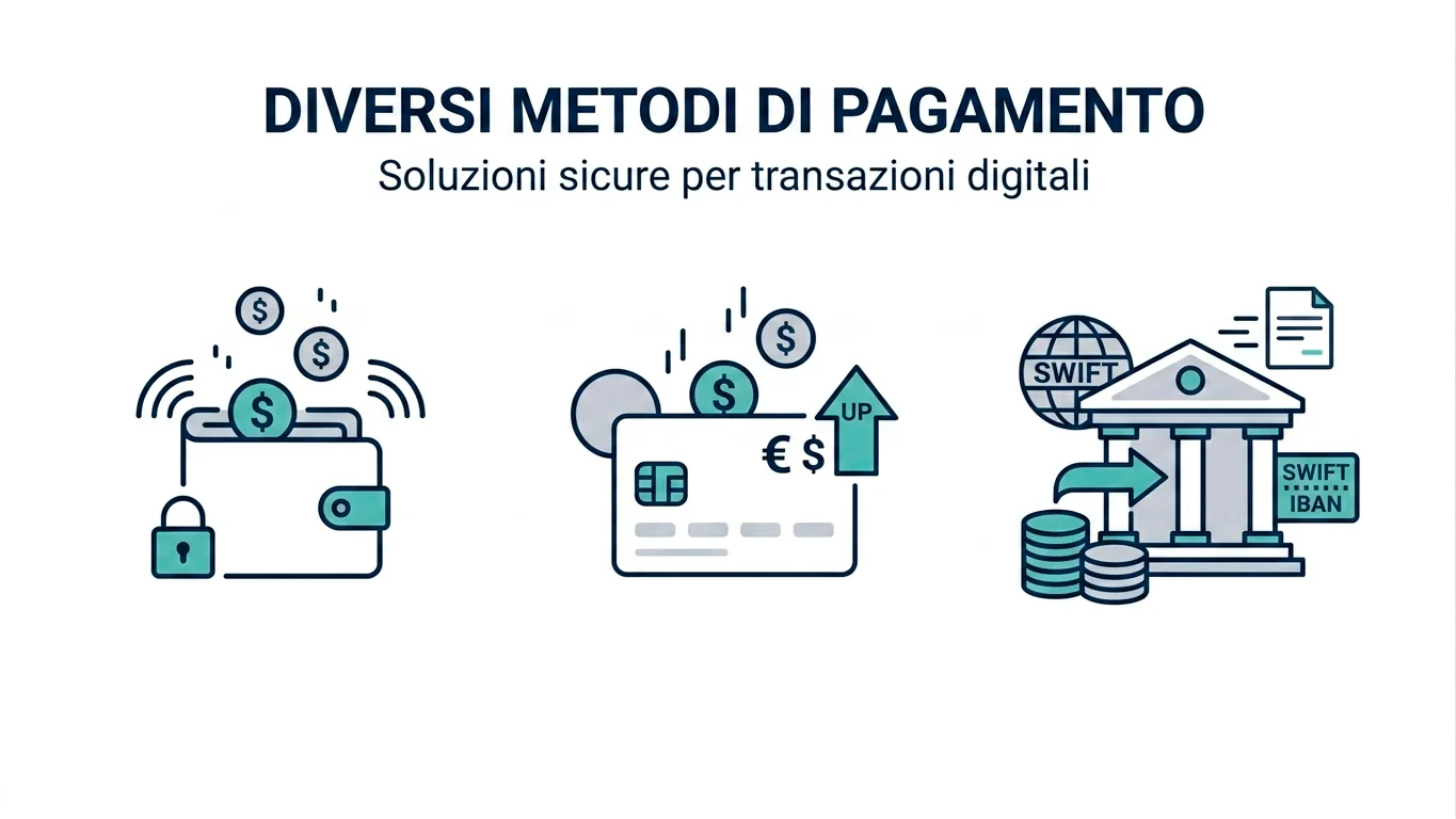 Categorie ricorrenti di metodi di pagamento: e-wallet, carte prepagate e bonifico bancario